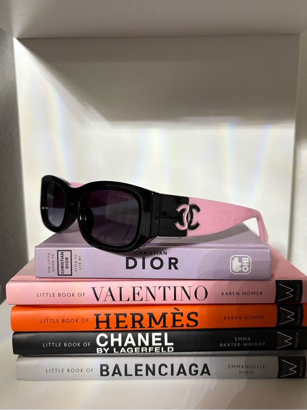 CHANEL Black Frame Sunglasses with Pink and CC Logo